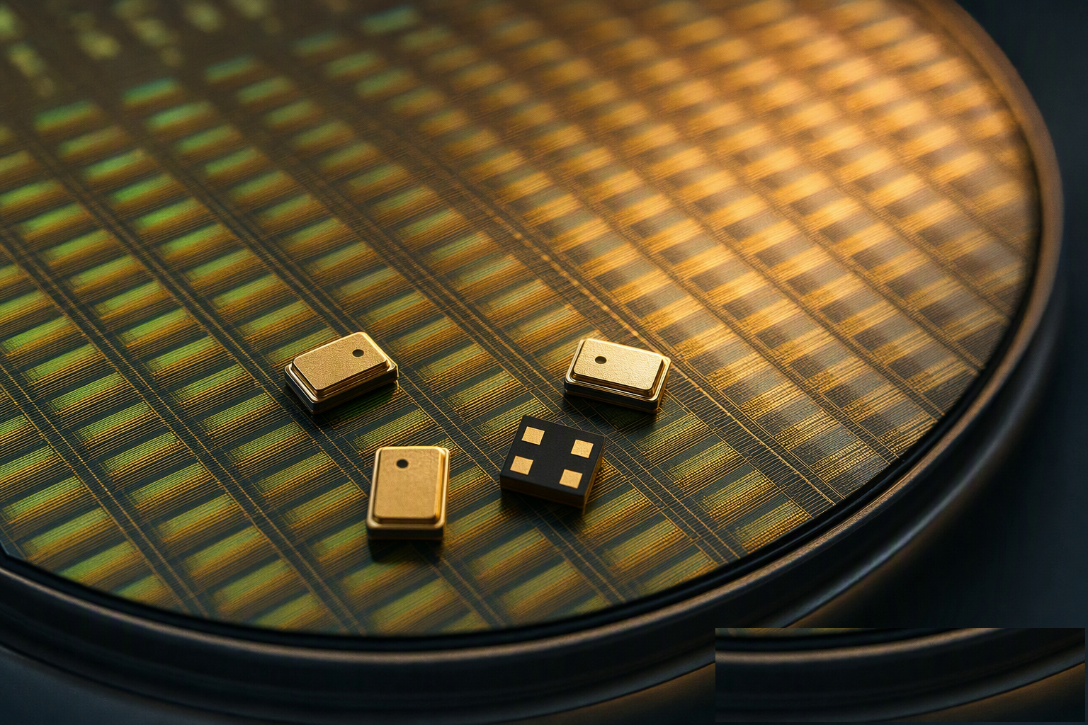 MEMS microphone die on silicon wafer
